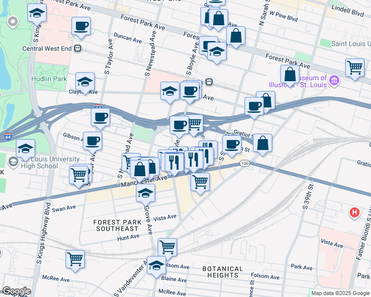 map of restaurants, bars, coffee shops, grocery stores, and more near 918 South Boyle Avenue in St. Louis
