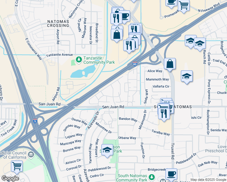 map of restaurants, bars, coffee shops, grocery stores, and more near 3334 Smoketree Drive in Sacramento