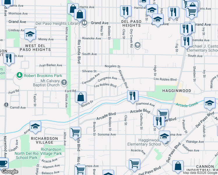 map of restaurants, bars, coffee shops, grocery stores, and more near 1044 Los Robles Boulevard in Sacramento
