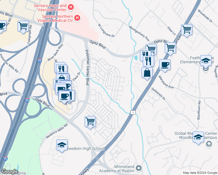 map of restaurants, bars, coffee shops, grocery stores, and more near 2198 Oberlin Drive in Woodbridge