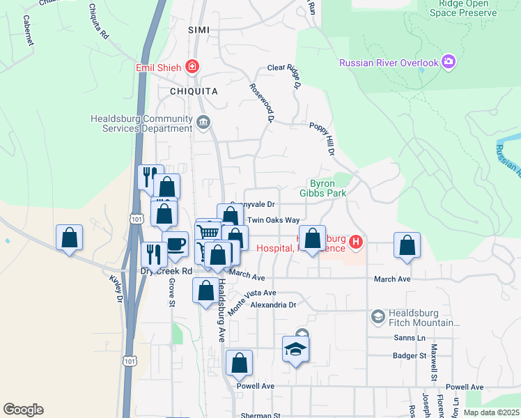 map of restaurants, bars, coffee shops, grocery stores, and more near 203 Sunnyvale Drive in Healdsburg