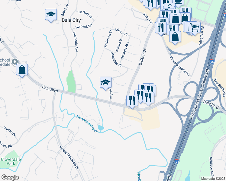 map of restaurants, bars, coffee shops, grocery stores, and more near 3001 Arbor Court in Woodbridge