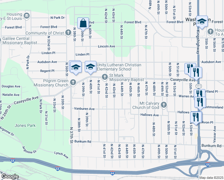 map of restaurants, bars, coffee shops, grocery stores, and more near 1516 North 43rd Street in East St. Louis