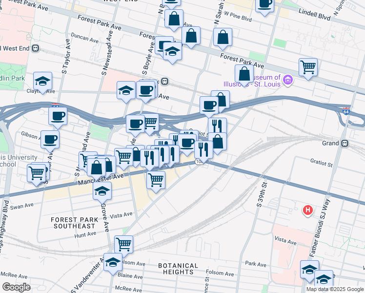 map of restaurants, bars, coffee shops, grocery stores, and more near 900 South Sarah Street in St. Louis