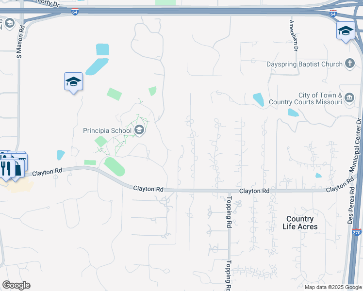 map of restaurants, bars, coffee shops, grocery stores, and more near 18 Vandiver Lane in St. Louis
