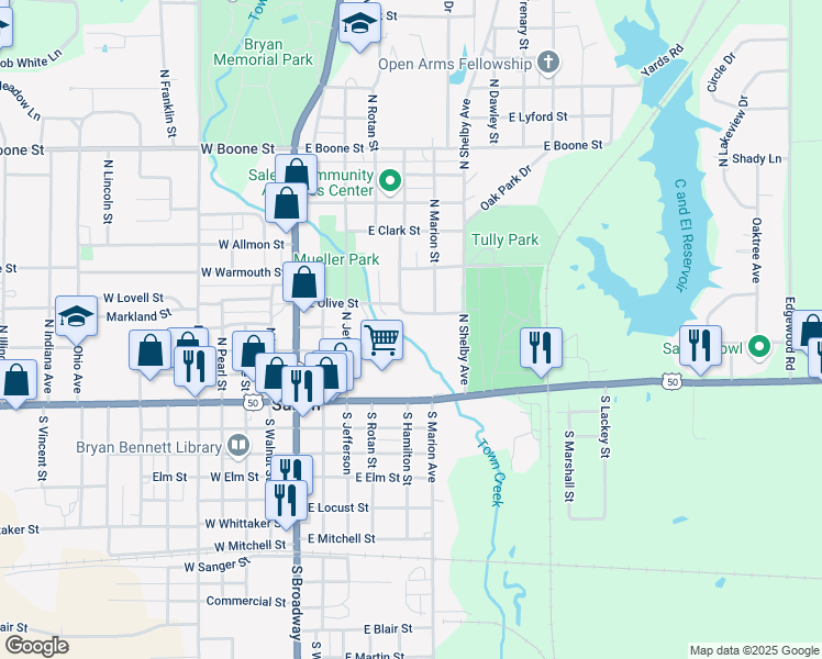 map of restaurants, bars, coffee shops, grocery stores, and more near 531-541 East Olive Street in Salem