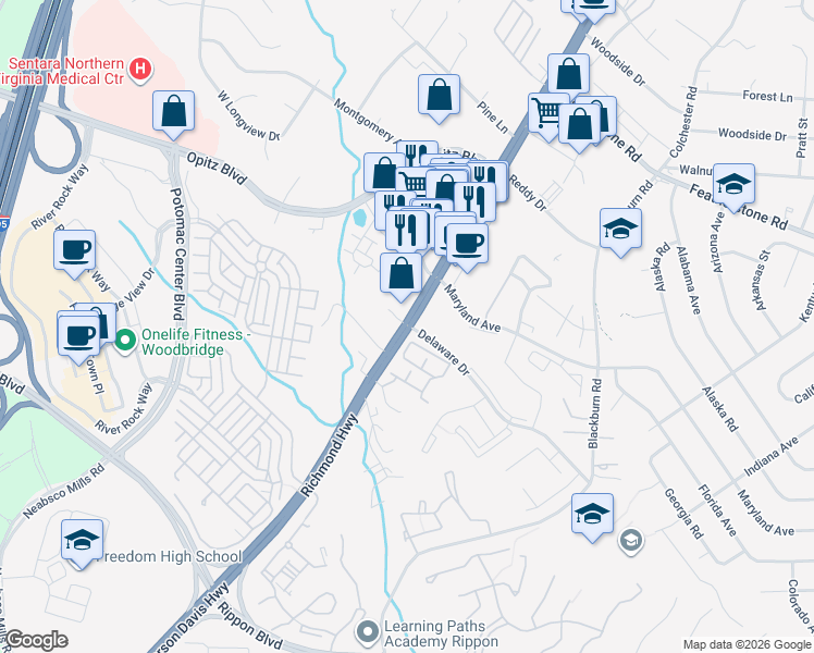 map of restaurants, bars, coffee shops, grocery stores, and more near Jefferson Davis Hwy & Delaware Dr in Woodbridge