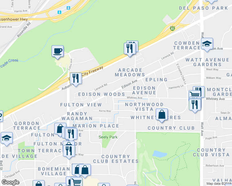 map of restaurants, bars, coffee shops, grocery stores, and more near 2912 Edison Avenue in Sacramento