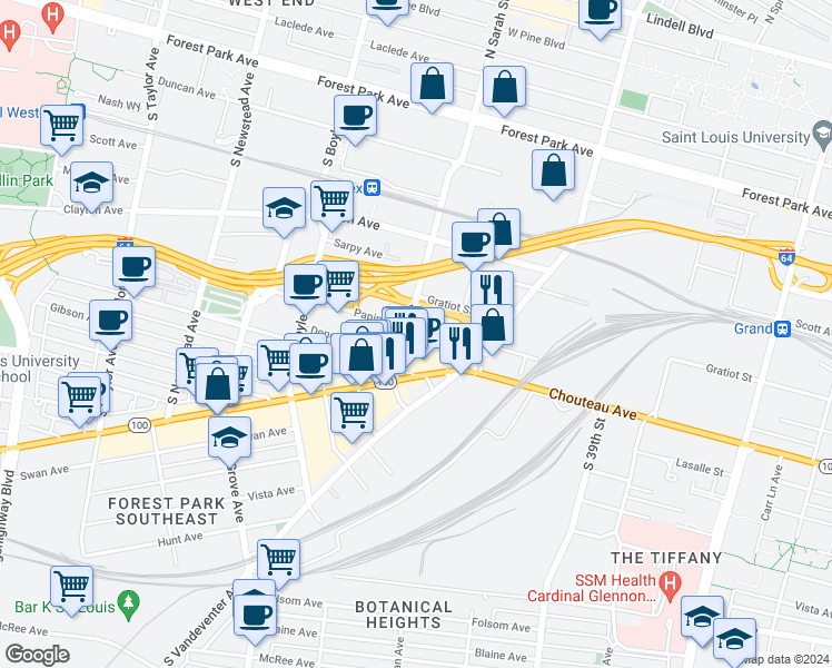 map of restaurants, bars, coffee shops, grocery stores, and more near 4019 Papin Street in St. Louis
