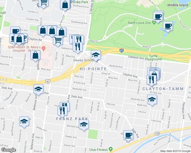 map of restaurants, bars, coffee shops, grocery stores, and more near 6770 Dolan Place in St. Louis