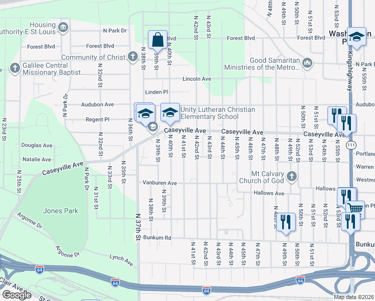 map of restaurants, bars, coffee shops, grocery stores, and more near 1517 North 42nd Street in East St. Louis