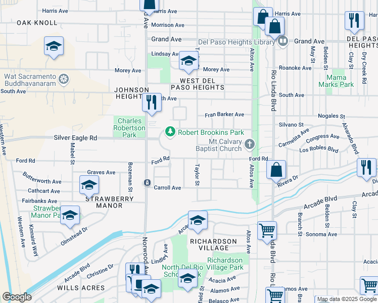 map of restaurants, bars, coffee shops, grocery stores, and more near 565 Ford Road in Sacramento