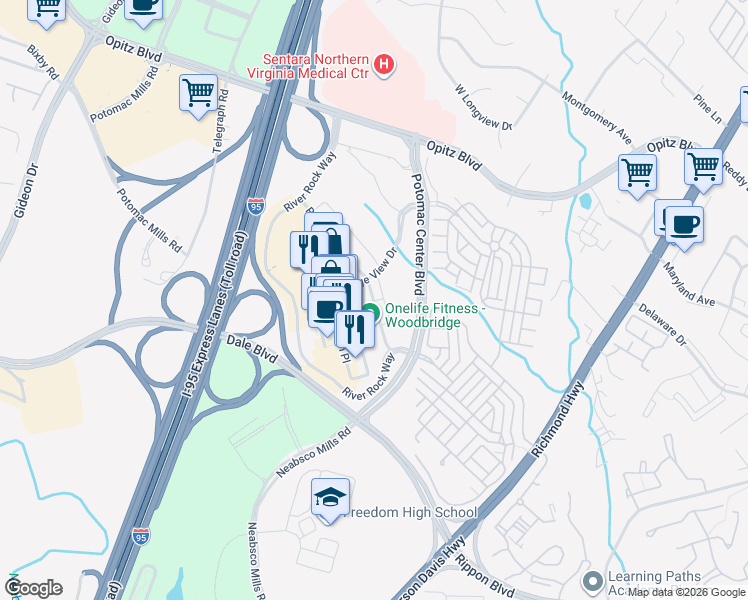 map of restaurants, bars, coffee shops, grocery stores, and more near 14941 River Walk Way in Woodbridge