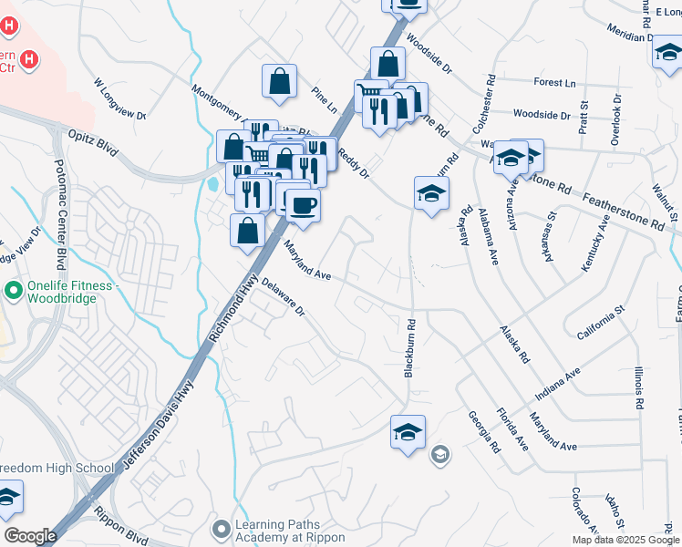 map of restaurants, bars, coffee shops, grocery stores, and more near 14870 Winding Loop in Woodbridge