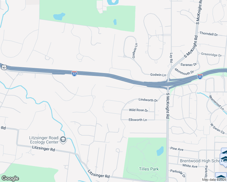 map of restaurants, bars, coffee shops, grocery stores, and more near 14 Ladue Ridge Road in St. Louis