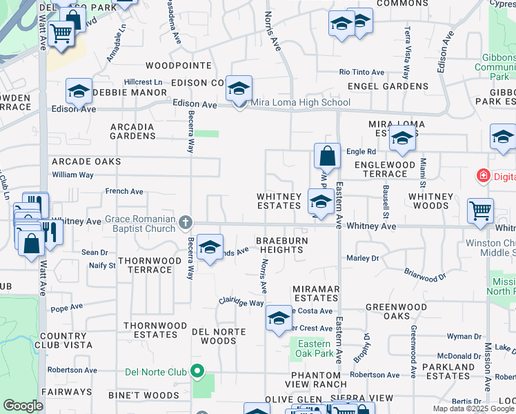 map of restaurants, bars, coffee shops, grocery stores, and more near 3525 Norris Avenue in Sacramento