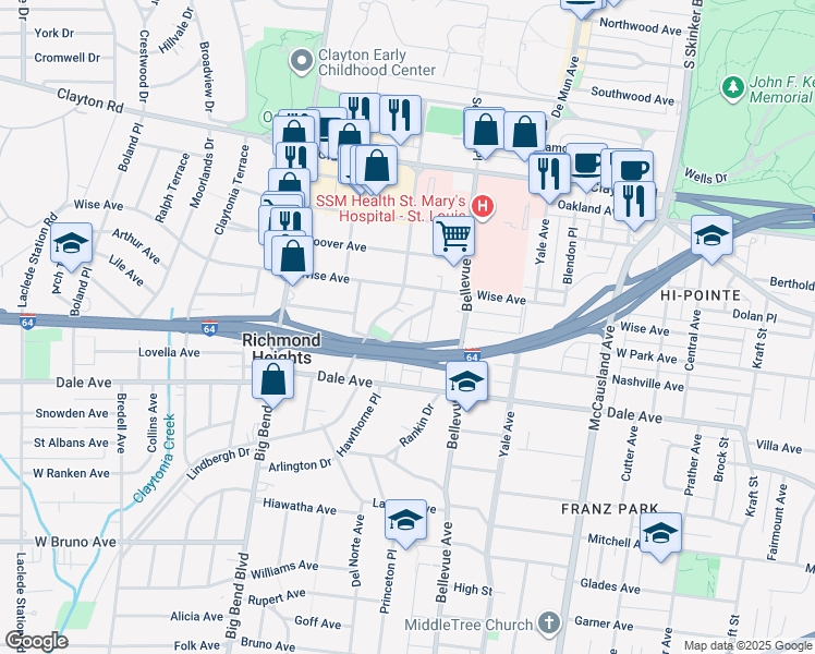 map of restaurants, bars, coffee shops, grocery stores, and more near 1240 Hawthorne Place in Richmond Heights