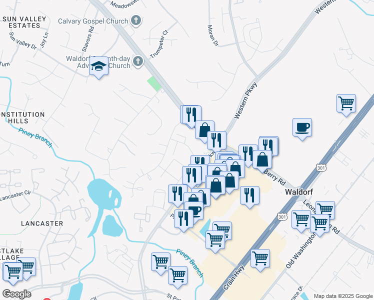 map of restaurants, bars, coffee shops, grocery stores, and more near 11325 Snow Owl Place in Waldorf