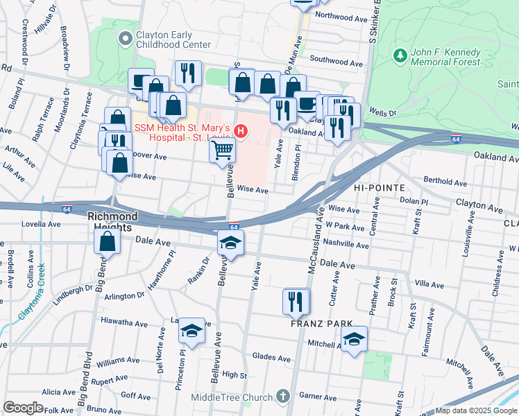 map of restaurants, bars, coffee shops, grocery stores, and more near 7205 West Park Avenue in Richmond Heights