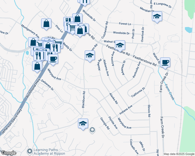 map of restaurants, bars, coffee shops, grocery stores, and more near 1734 Alaska Court in Woodbridge