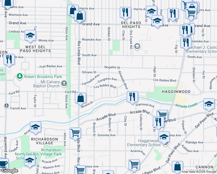 map of restaurants, bars, coffee shops, grocery stores, and more near 1044 Los Robles Boulevard in Sacramento