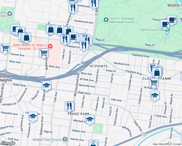 map of restaurants, bars, coffee shops, grocery stores, and more near 6829 Wise Avenue in St. Louis