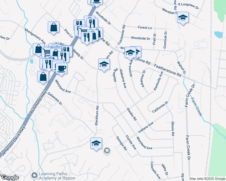 map of restaurants, bars, coffee shops, grocery stores, and more near 1734 Alaska Court in Woodbridge