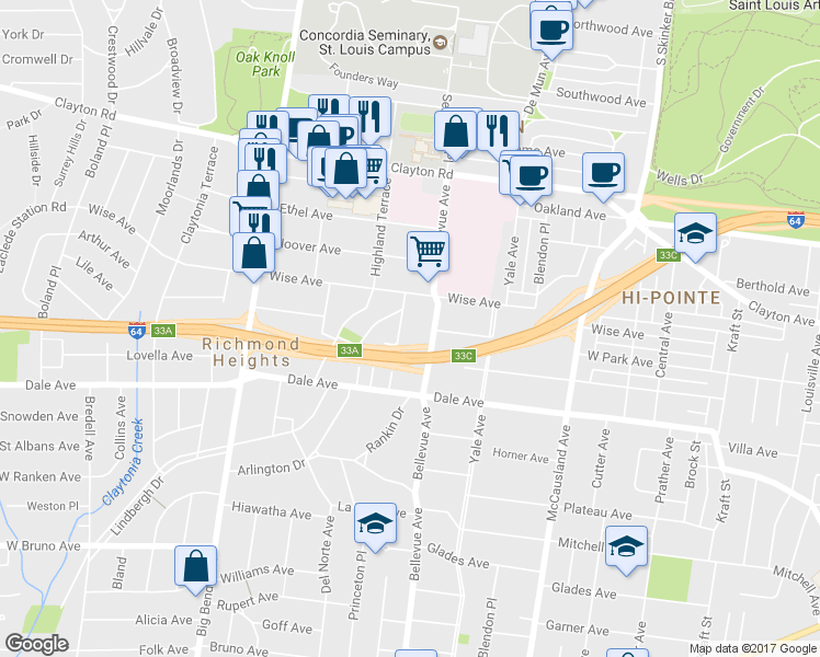 map of restaurants, bars, coffee shops, grocery stores, and more near 1212 Sunset Avenue in Richmond Heights