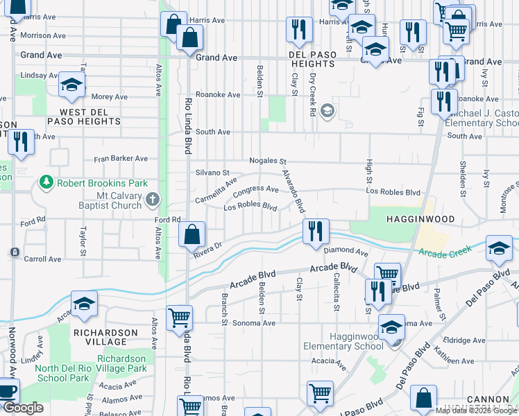 map of restaurants, bars, coffee shops, grocery stores, and more near 1044 Los Robles Boulevard in Sacramento