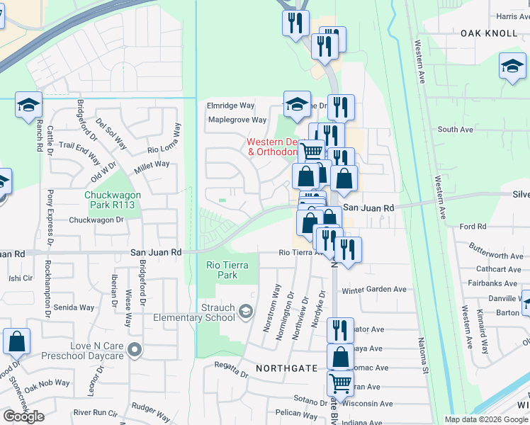 map of restaurants, bars, coffee shops, grocery stores, and more near San Juan Road & Binghamton Drive in Sacramento