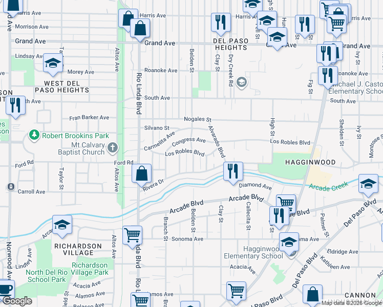map of restaurants, bars, coffee shops, grocery stores, and more near 1044 Los Robles Boulevard in Sacramento