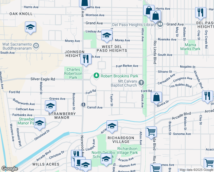 map of restaurants, bars, coffee shops, grocery stores, and more near 565 Ford Road in Sacramento