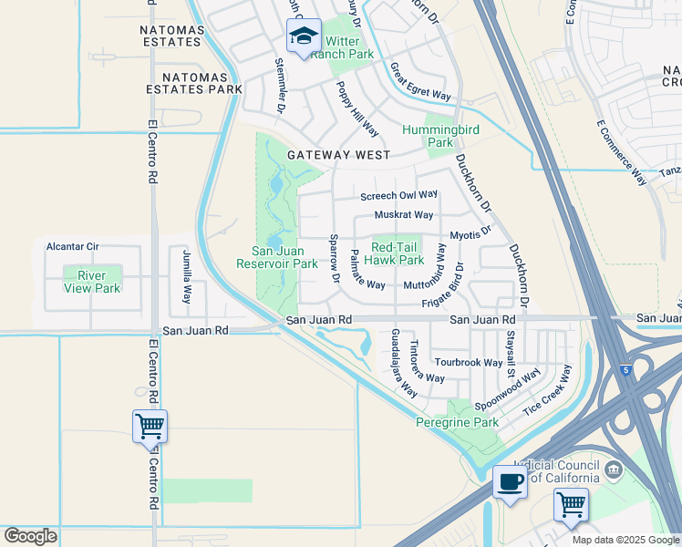 map of restaurants, bars, coffee shops, grocery stores, and more near 3086 Sparrow Drive in Sacramento