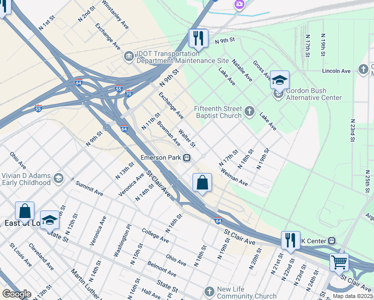 map of restaurants, bars, coffee shops, grocery stores, and more near in East St. Louis