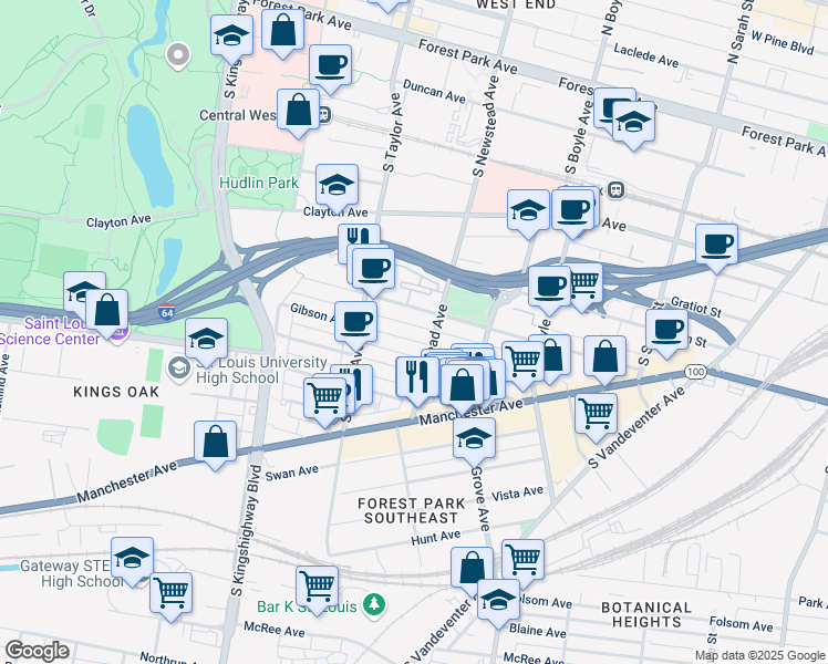 map of restaurants, bars, coffee shops, grocery stores, and more near 4437 Gibson Avenue in St. Louis