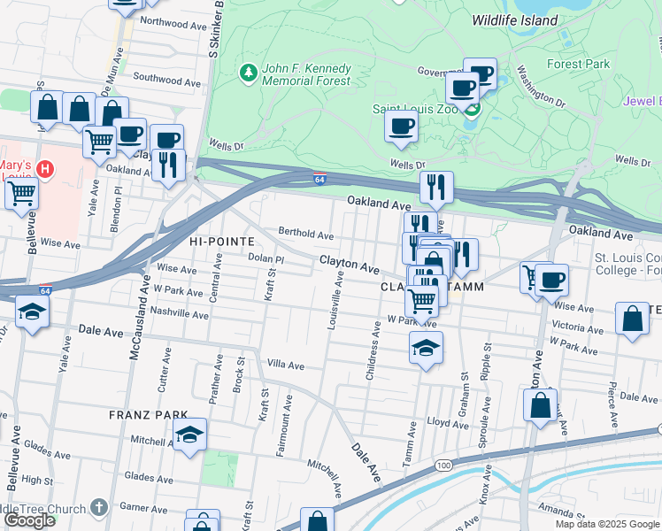 map of restaurants, bars, coffee shops, grocery stores, and more near 6536a Clayton Avenue in St. Louis
