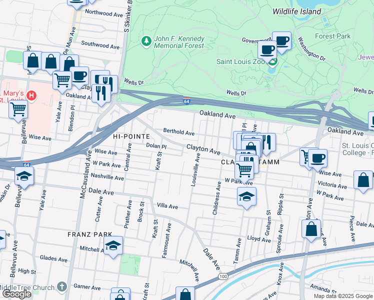map of restaurants, bars, coffee shops, grocery stores, and more near 6536a Clayton Avenue in St. Louis