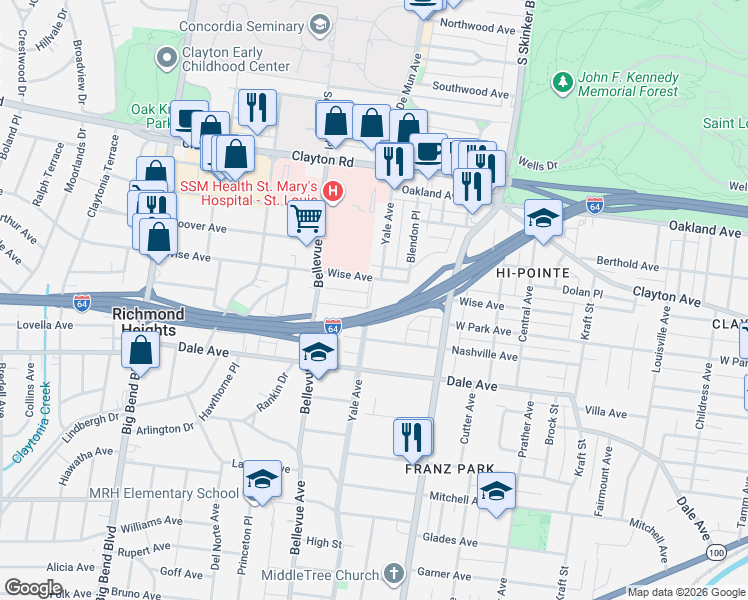 map of restaurants, bars, coffee shops, grocery stores, and more near 7205 West Park Avenue in Richmond Heights