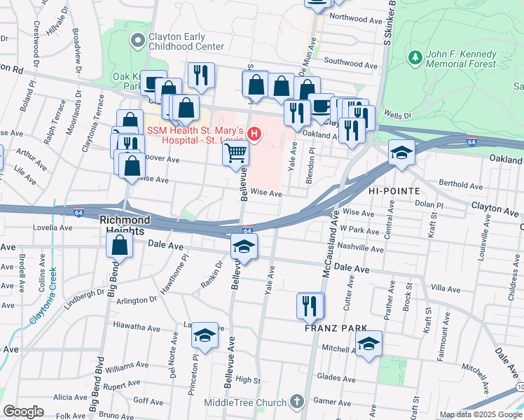 map of restaurants, bars, coffee shops, grocery stores, and more near 7205 West Park Avenue in Richmond Heights