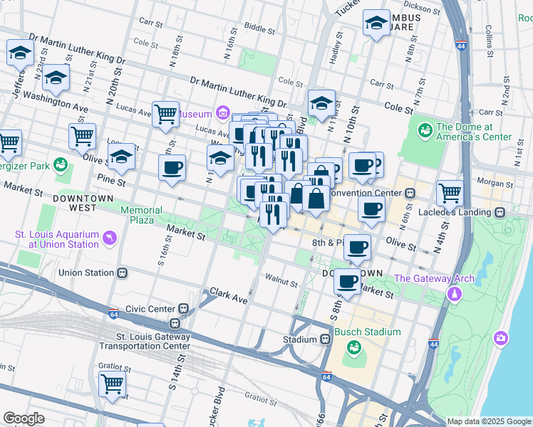 map of restaurants, bars, coffee shops, grocery stores, and more near 231 North Tucker Boulevard in St. Louis