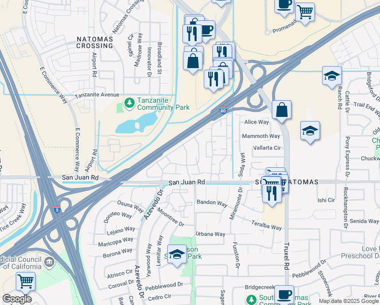 map of restaurants, bars, coffee shops, grocery stores, and more near 3384 Smoketree Drive in Sacramento