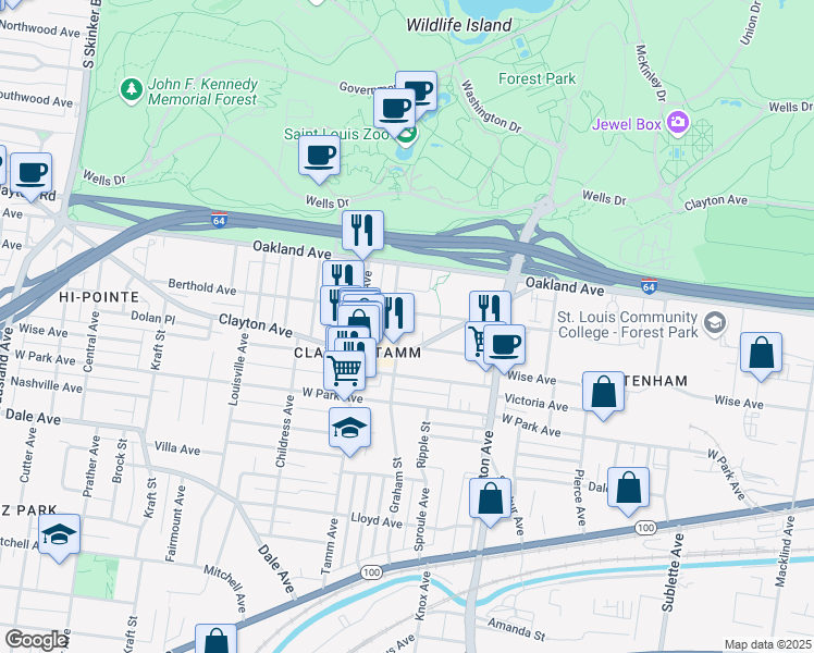 map of restaurants, bars, coffee shops, grocery stores, and more near 1112 Graham Street in St. Louis