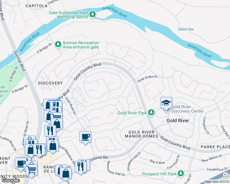 map of restaurants, bars, coffee shops, grocery stores, and more near 11445 Sutters Mill Circle in Gold River