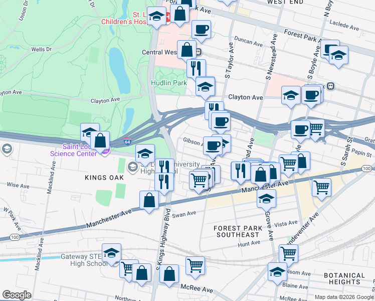 map of restaurants, bars, coffee shops, grocery stores, and more near 1060 South Kingshighway Boulevard in St. Louis