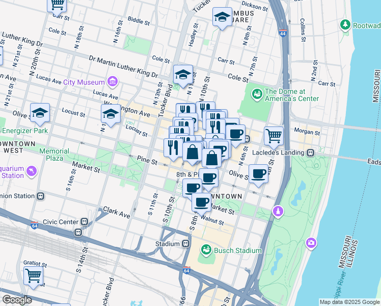 map of restaurants, bars, coffee shops, grocery stores, and more near 905-913 Olive Street in St. Louis