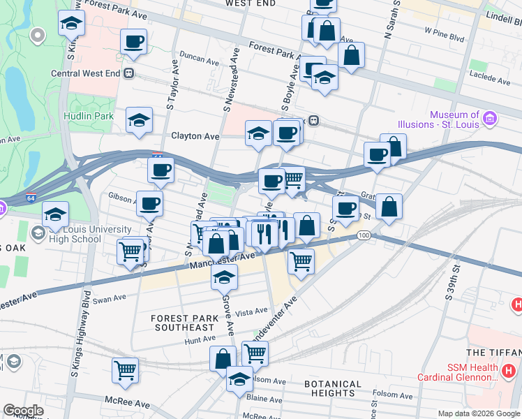 map of restaurants, bars, coffee shops, grocery stores, and more near 4321 Chouteau Avenue in St. Louis