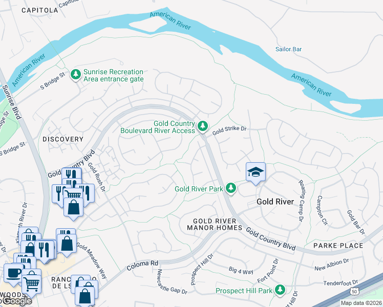 map of restaurants, bars, coffee shops, grocery stores, and more near 2026 Maidu Way in Gold River