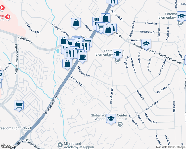 map of restaurants, bars, coffee shops, grocery stores, and more near 14866 Winding Loop in Woodbridge