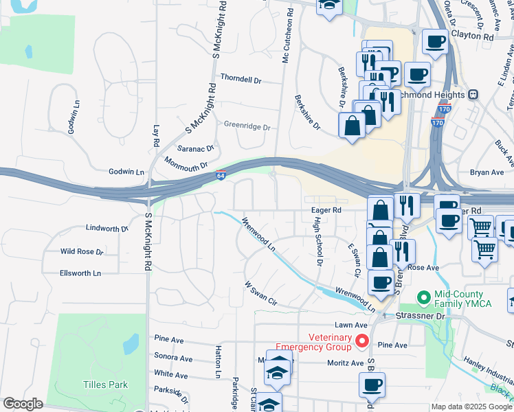 map of restaurants, bars, coffee shops, grocery stores, and more near 2 Chafford Woods in St. Louis