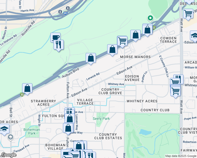 map of restaurants, bars, coffee shops, grocery stores, and more near 2825 Edison Avenue in Sacramento